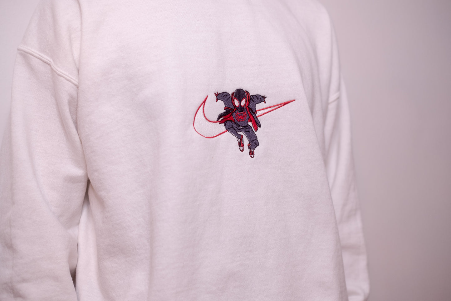 Spider-Man Across The Spider-Verse Inspired Sweatshirt with Swoosh | Miles Morales | Embroidery Apparel